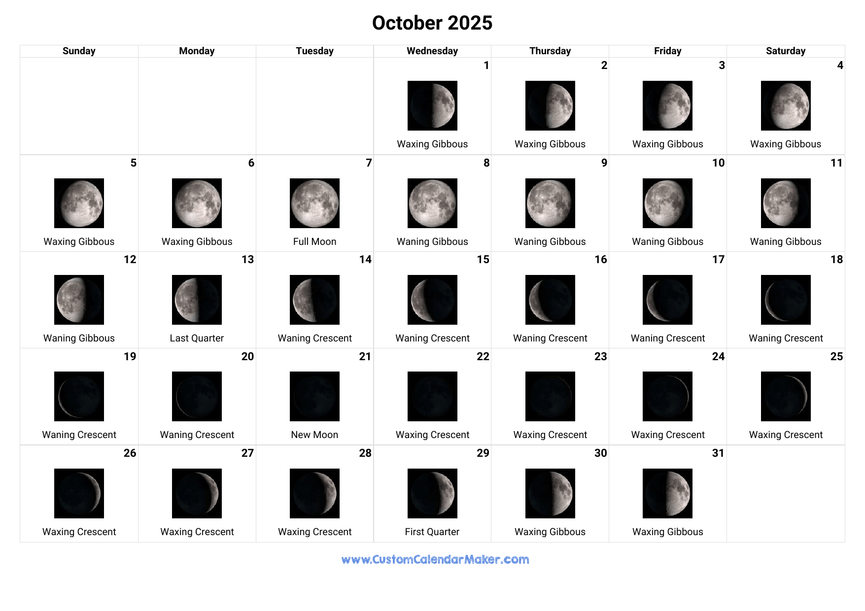 October 2025 Moon Phases Calendar Custom Calendar Maker October 2025 Moon Phases Calendar Custom Calendar Maker