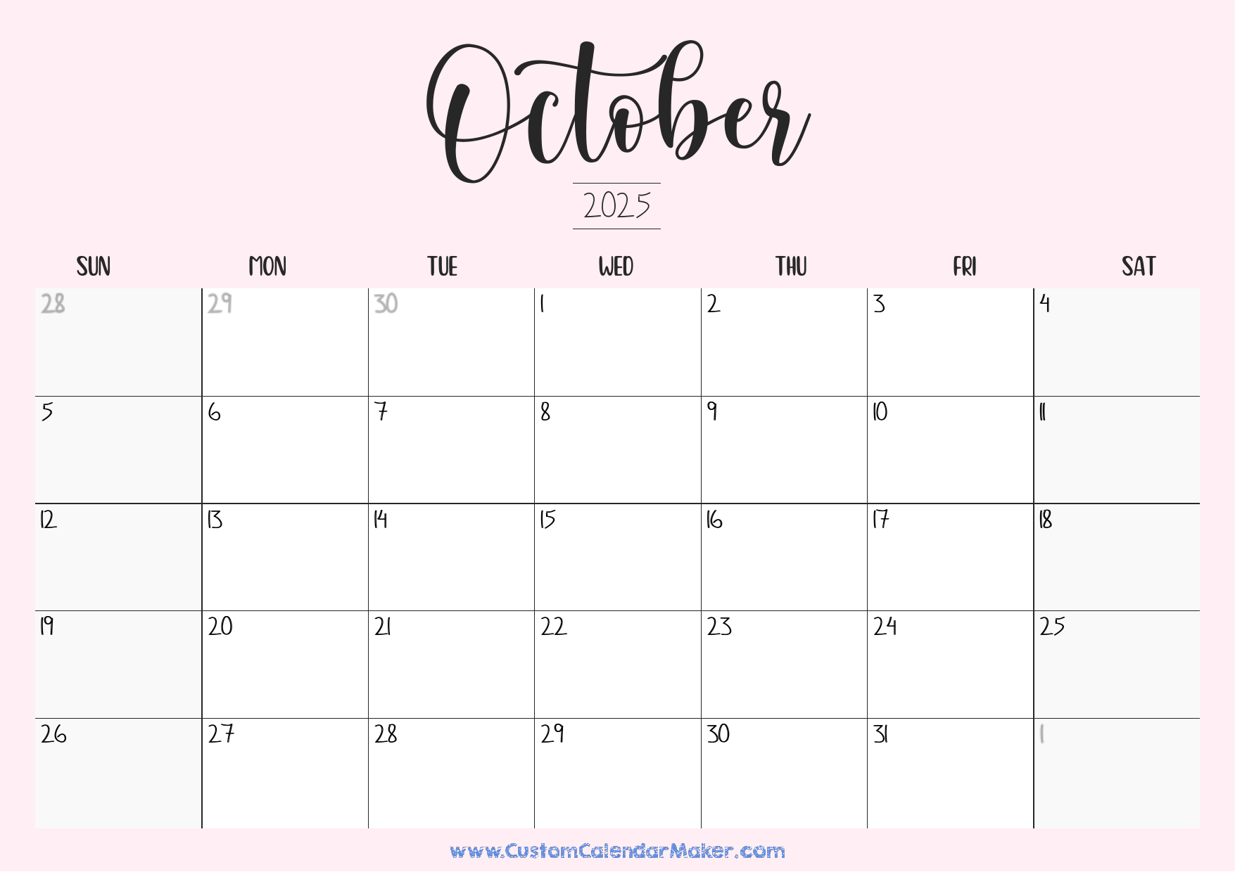 October 2025 Calendar Editable