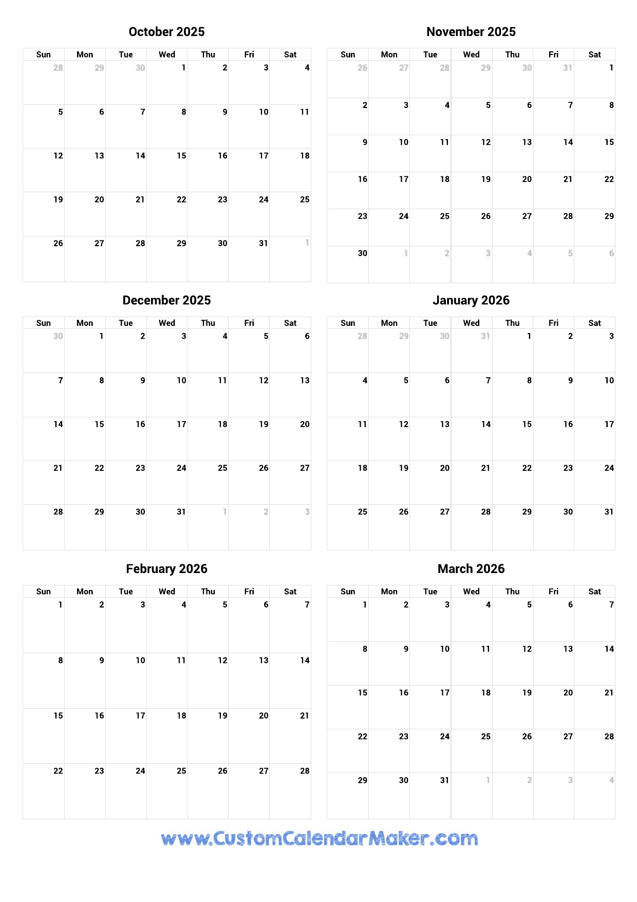 October 2025 To March 2026 Printable Calendar Custom Calendar Maker October 2025 To March 2026 Printable Calendar Custom Calendar Maker