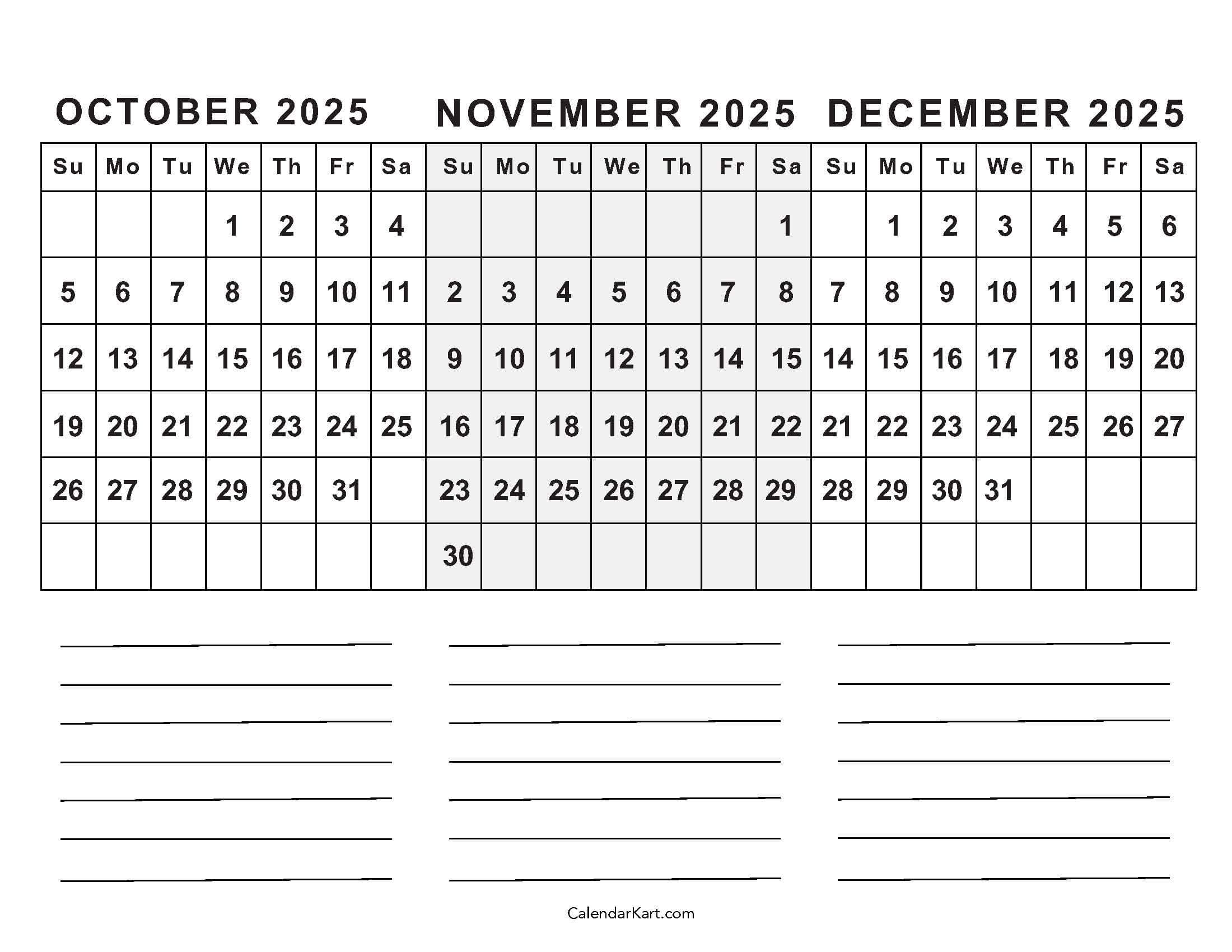 October To December 2025 Calendar Q4 CalendarKart