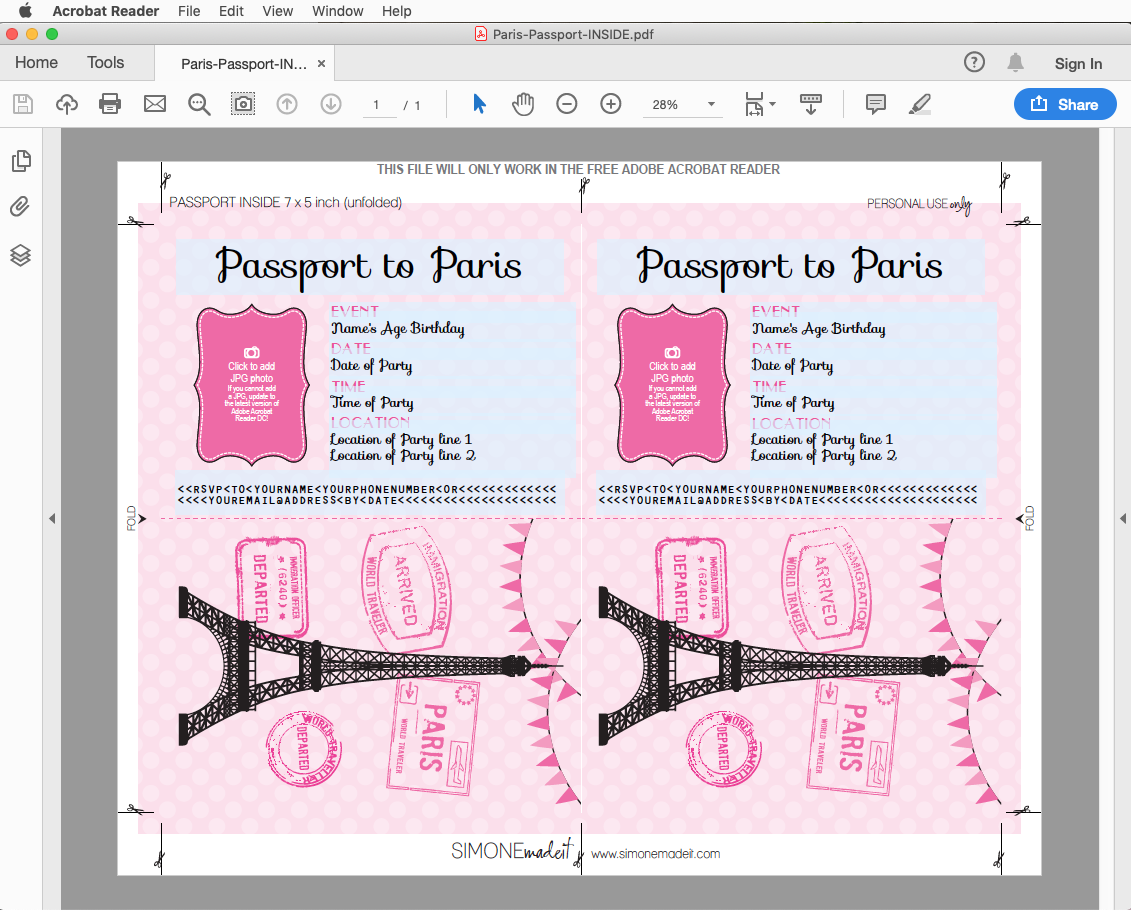 Paris Party Passport Invitations Template Pink