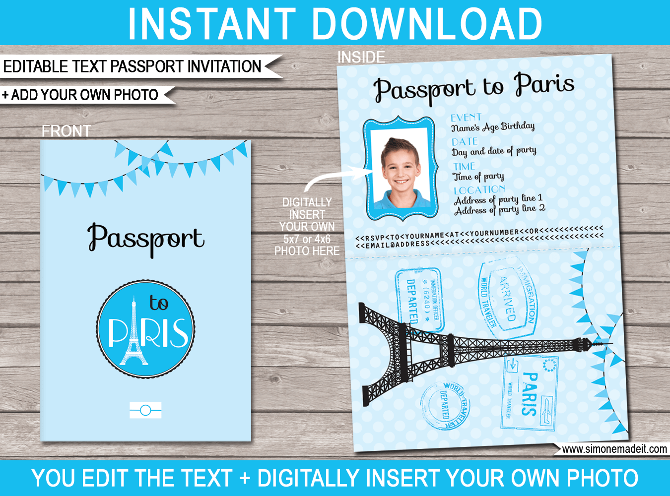 Paris Passport Invitations Template With Photo Blue