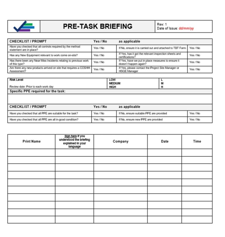 Pre task Brief And Point Of Work Risk Assessment Template Word