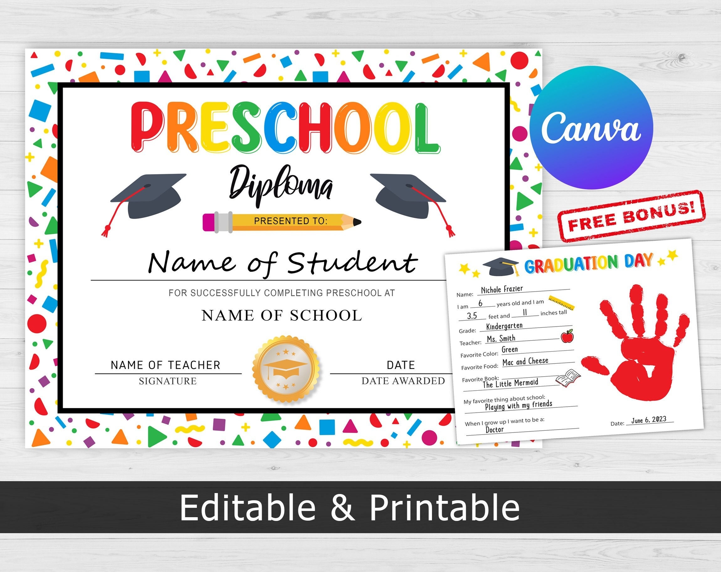 Preschool Graduation Certificate Preschool Diploma Preschool Certificate Teacher Resources Customizable Certificate Template Canva Etsy