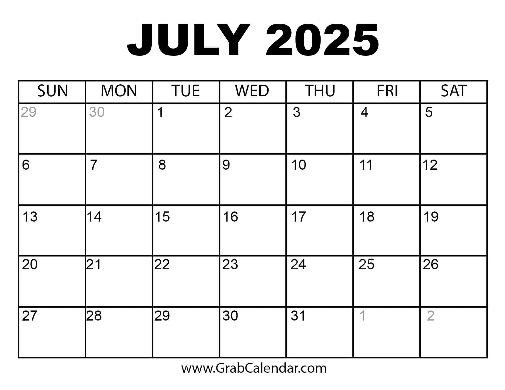Printable July 2025 Calendar