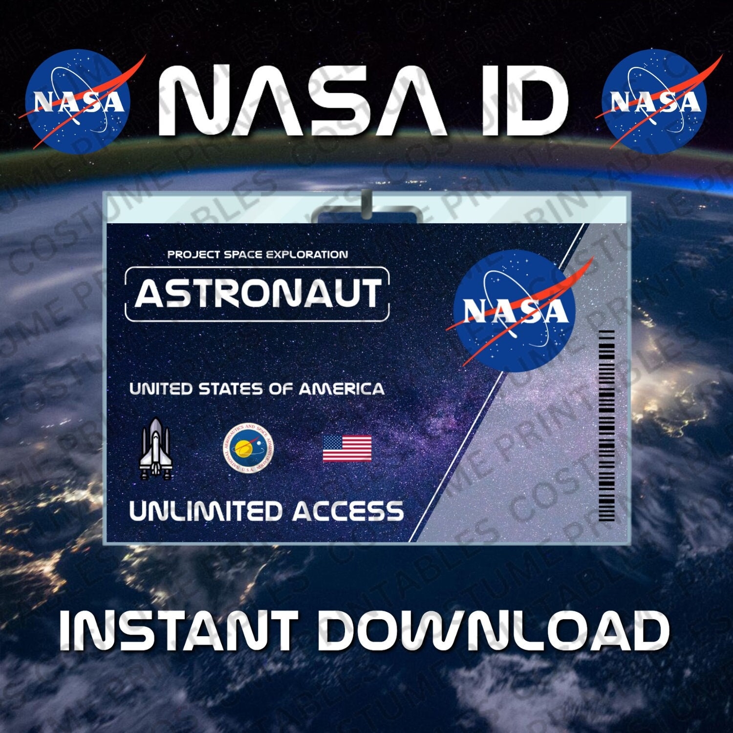 Printable NASA ID Card ID Badge Astronaut Costume Cosplay Etsy