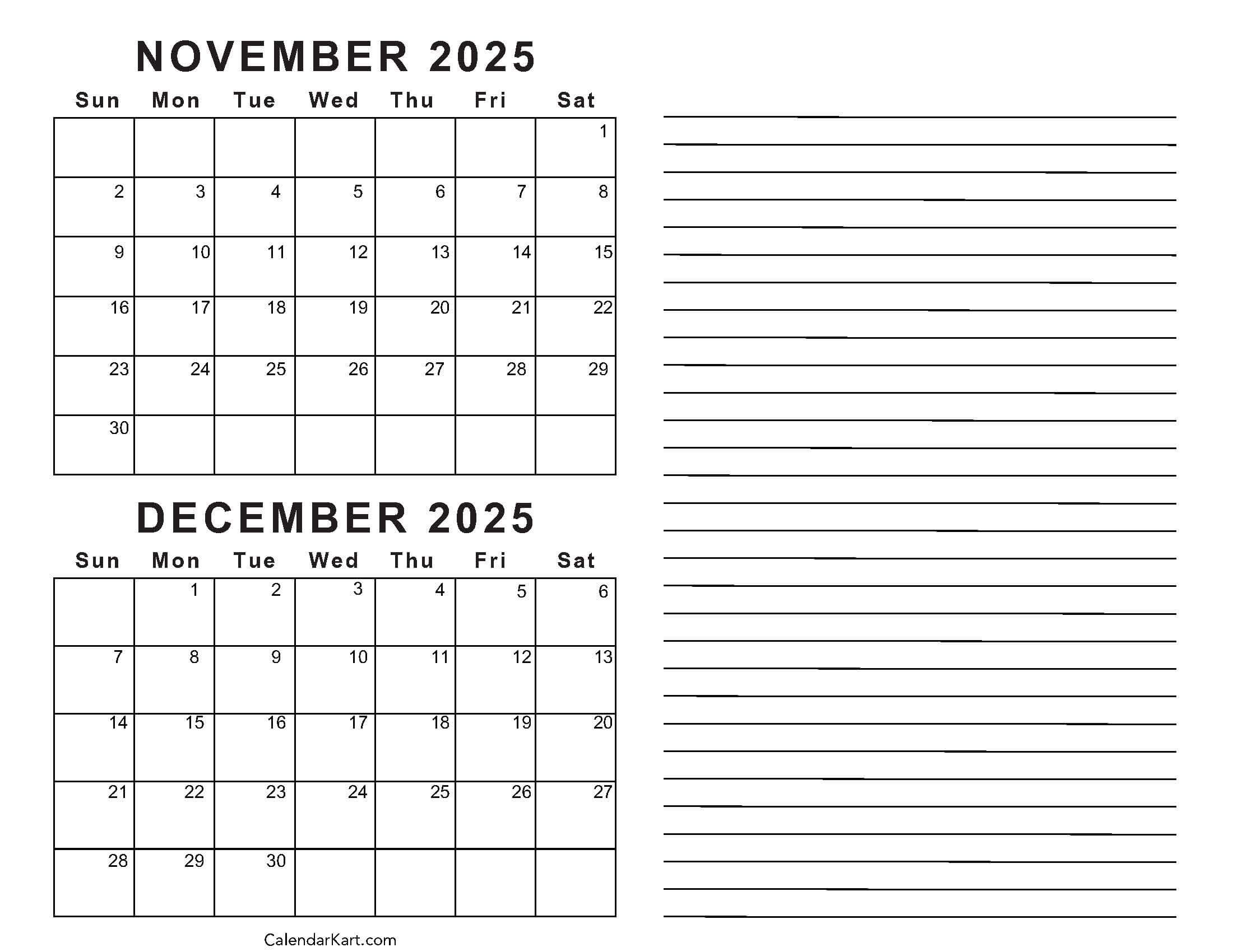 Printable November December 2025 Calendars Calendarkart
