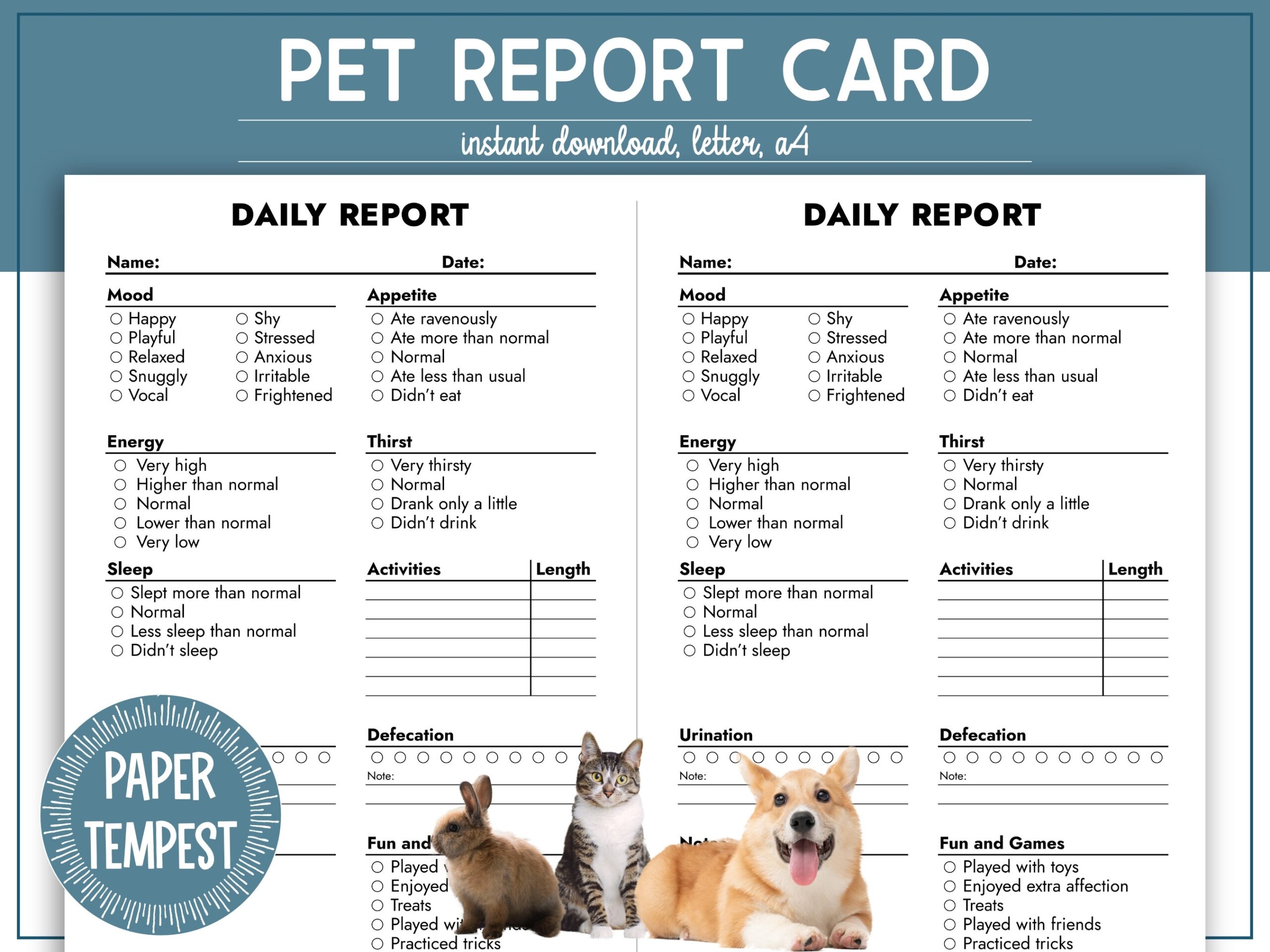 Printable Pet Report Card Template Dog Report Card Daily Pet Care Report Pet Sitter Form Doggy Day Care Tracker Pet Boarding Diary Etsy