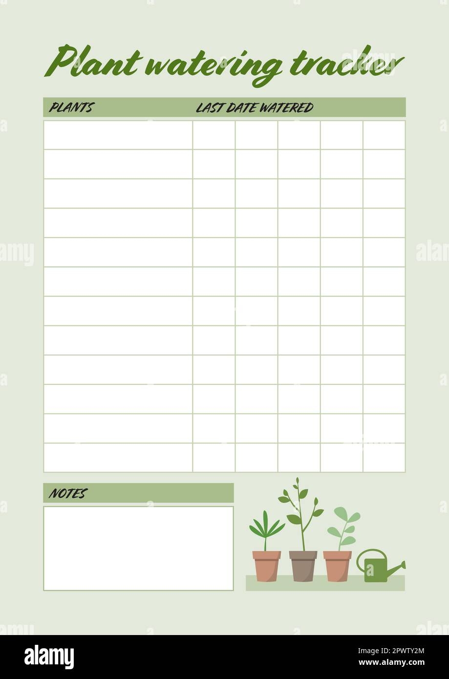 Printable Plant Watering Tracker A5 Sized Template For Houseplant Care Scheduling Stock Vector Image U0026 Art Alamy