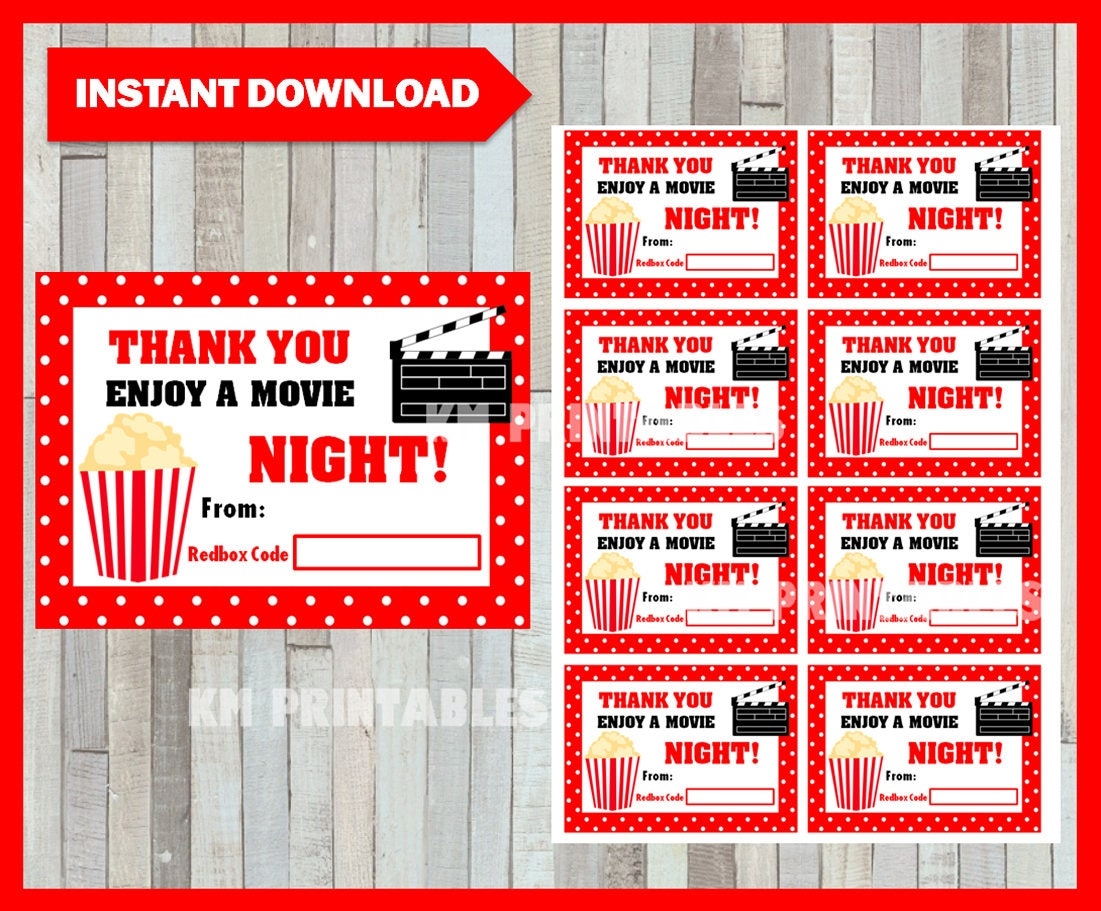 Redbox Gift Card Instant Download Printable Teacher Appreciation Gift Cards Printable Redbox Enjoy A Movie Night Cards CODE NOT Included