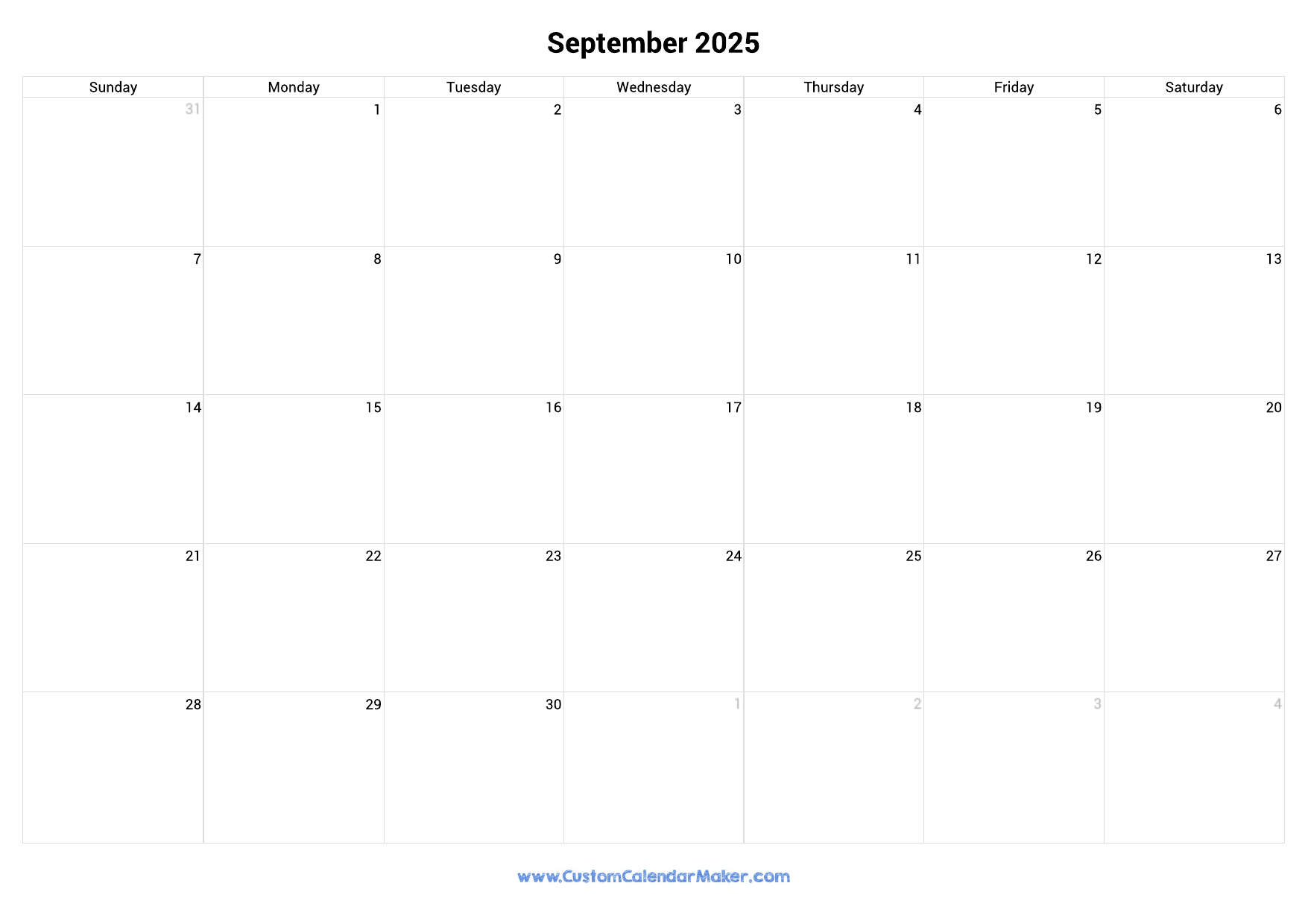 September 2025 Landscape Calendar With Large Boxes Custom 