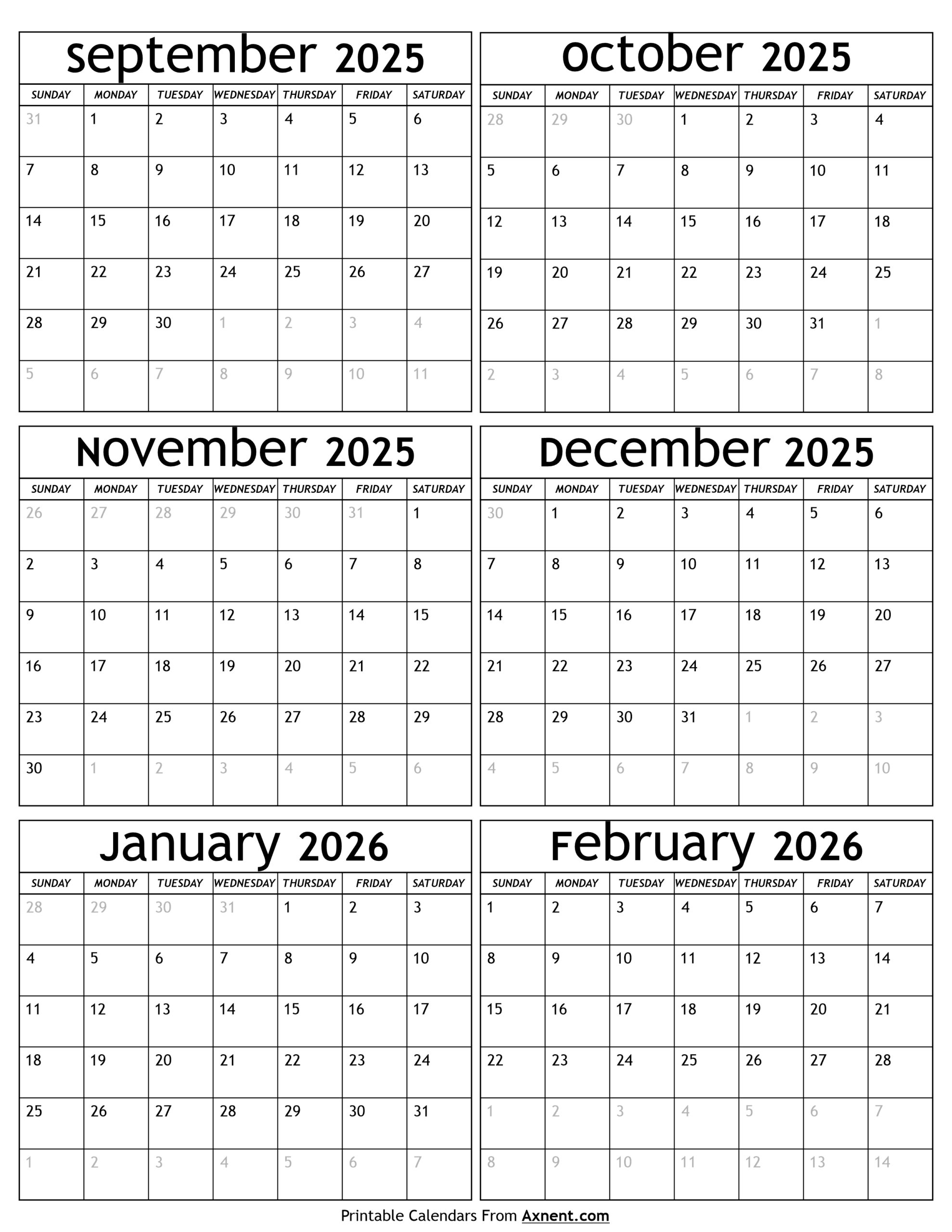 September 2025 To February 2026 Calendar Templates Six Months