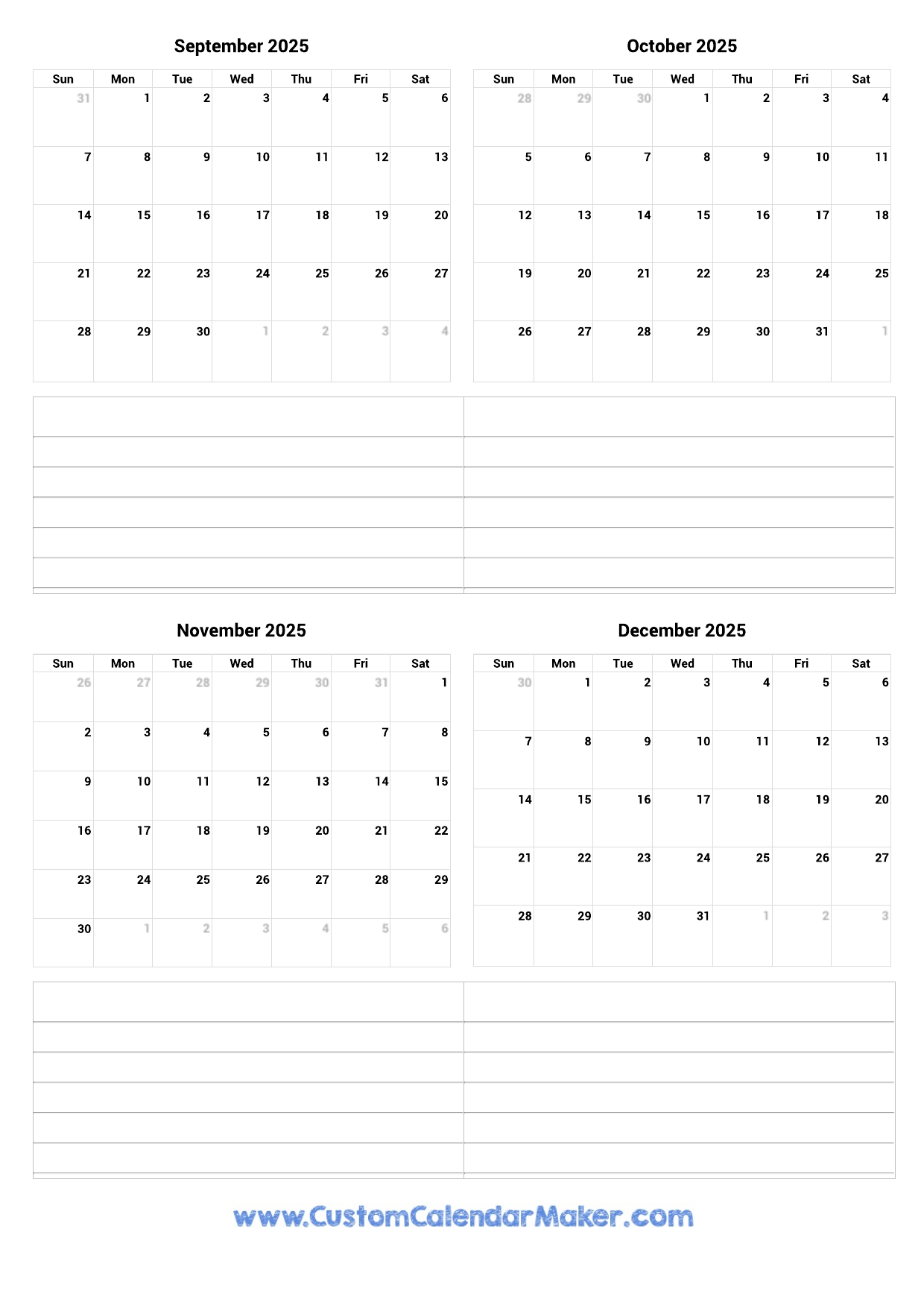 September To December 2025 Printable Calendar Custom Calendar Maker