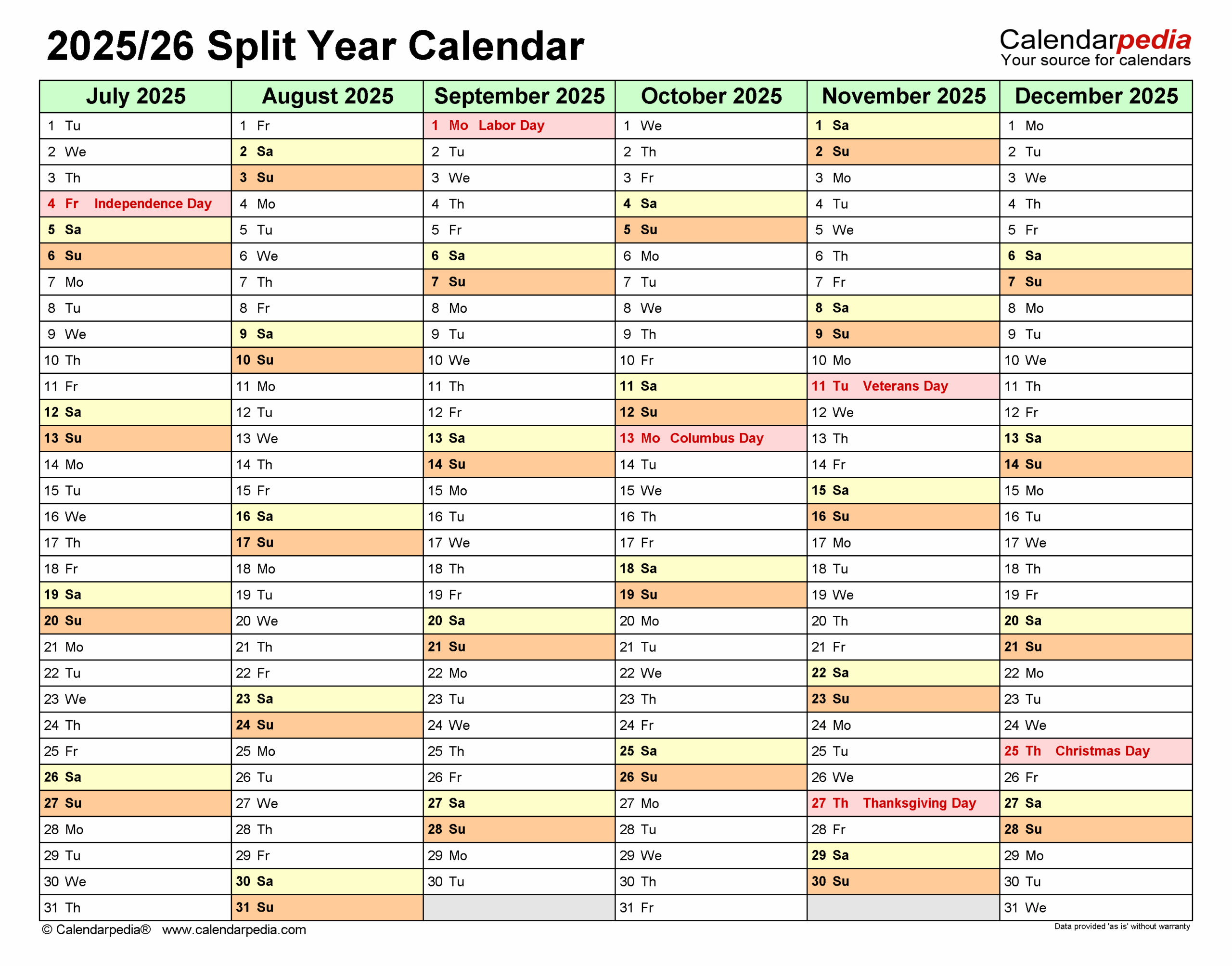 Split Year Calendars 2025 2026 July To June PDF Templates
