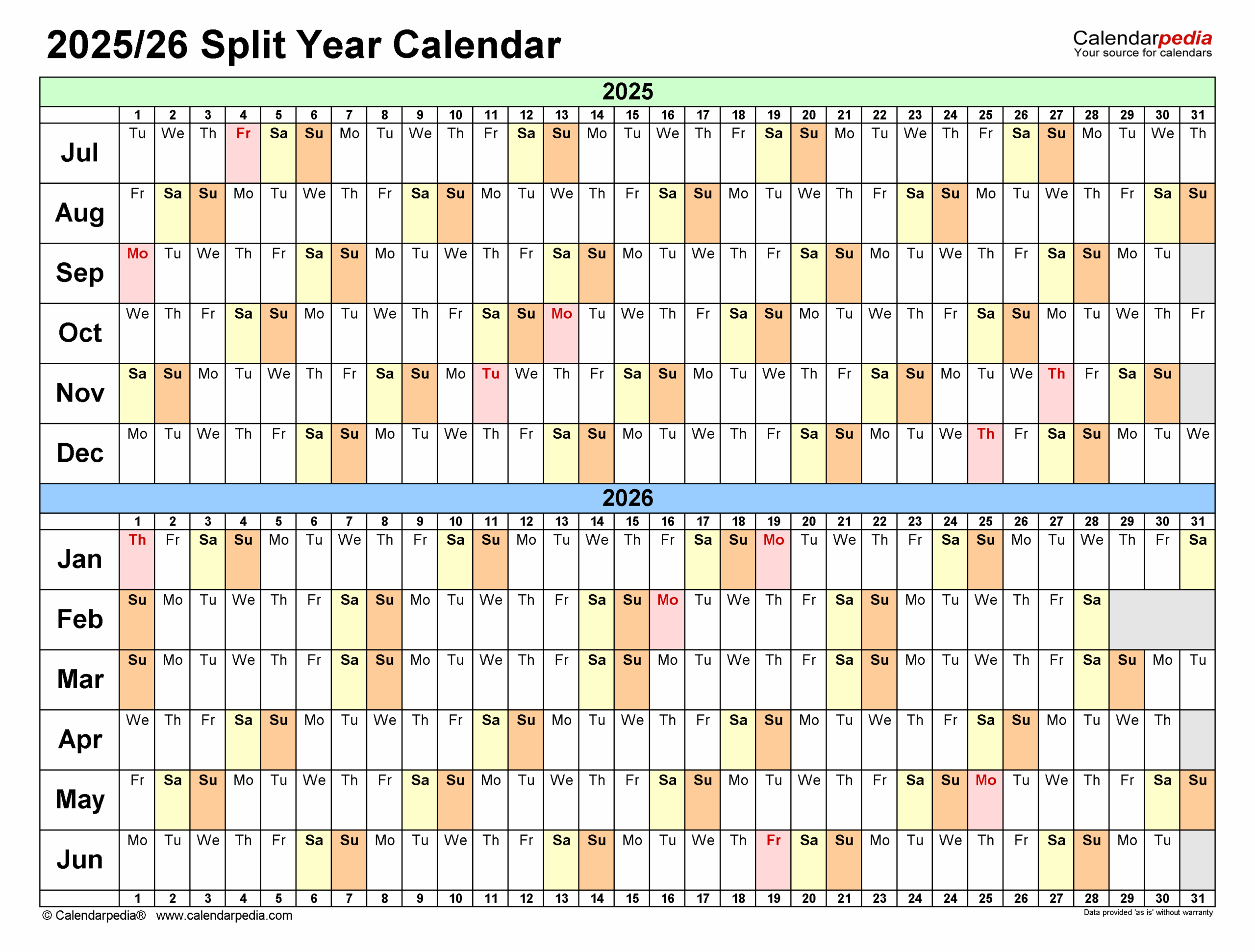 July 2025-June 2026 Printable Calendar