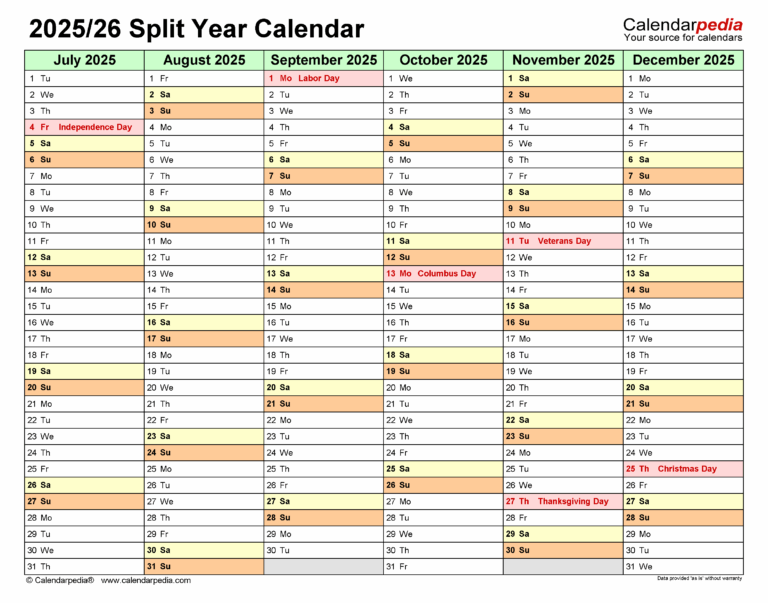 Split Year Calendars 2025 2026 July To June PDF Templates