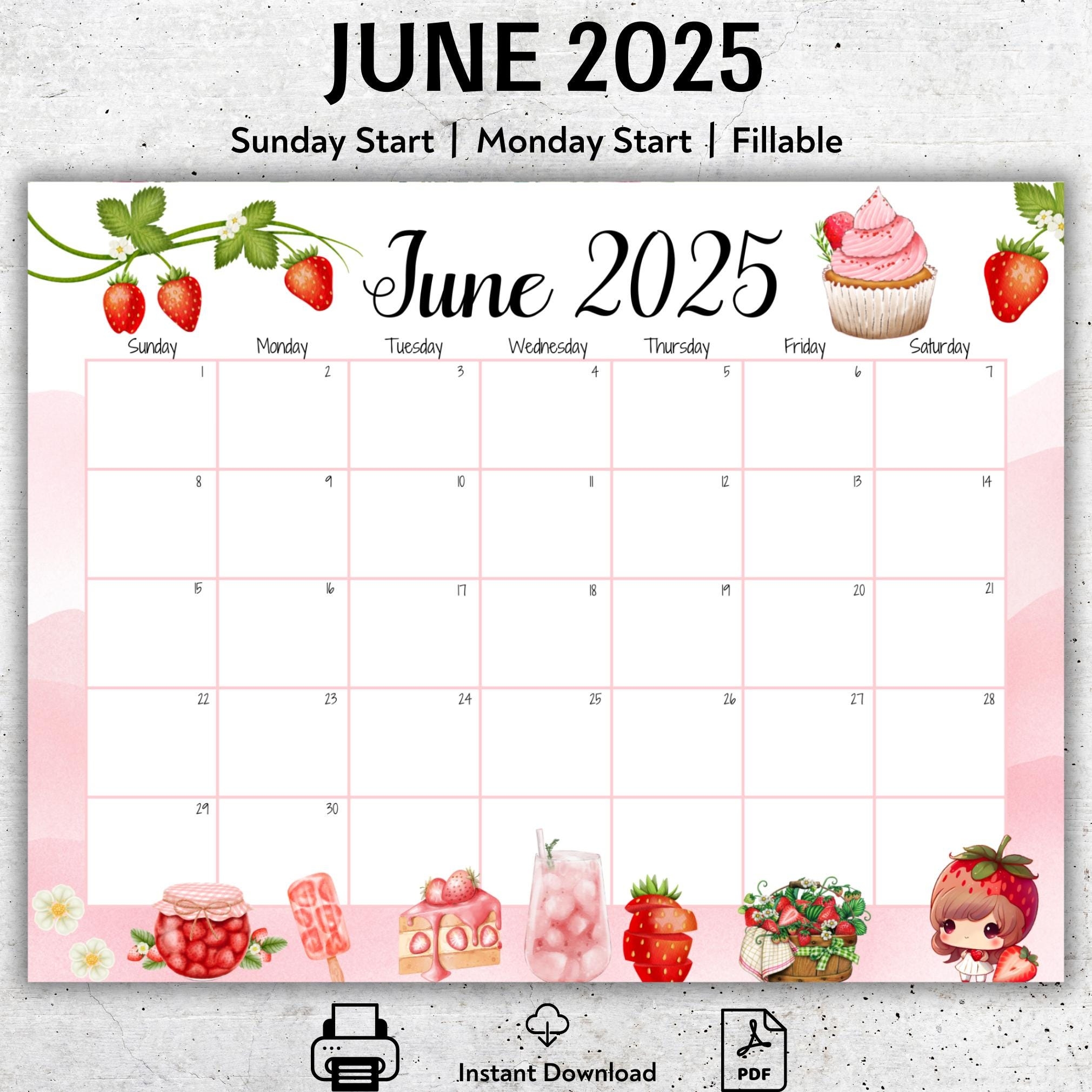 Strawberry themed June 2025 Calendar Printable Monthly Planner 