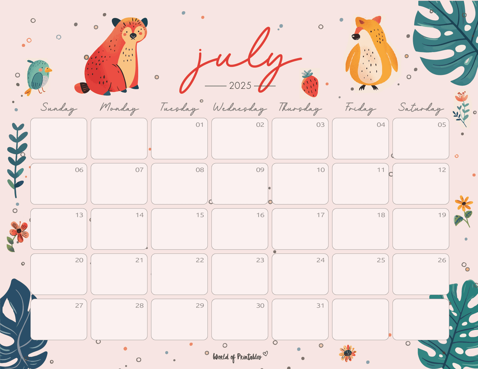 Whimsical July 2025 Calendar With Cute Animal Design Free Printable Whimsical July 2025 Calendar With Cute Animal Design Free Printable