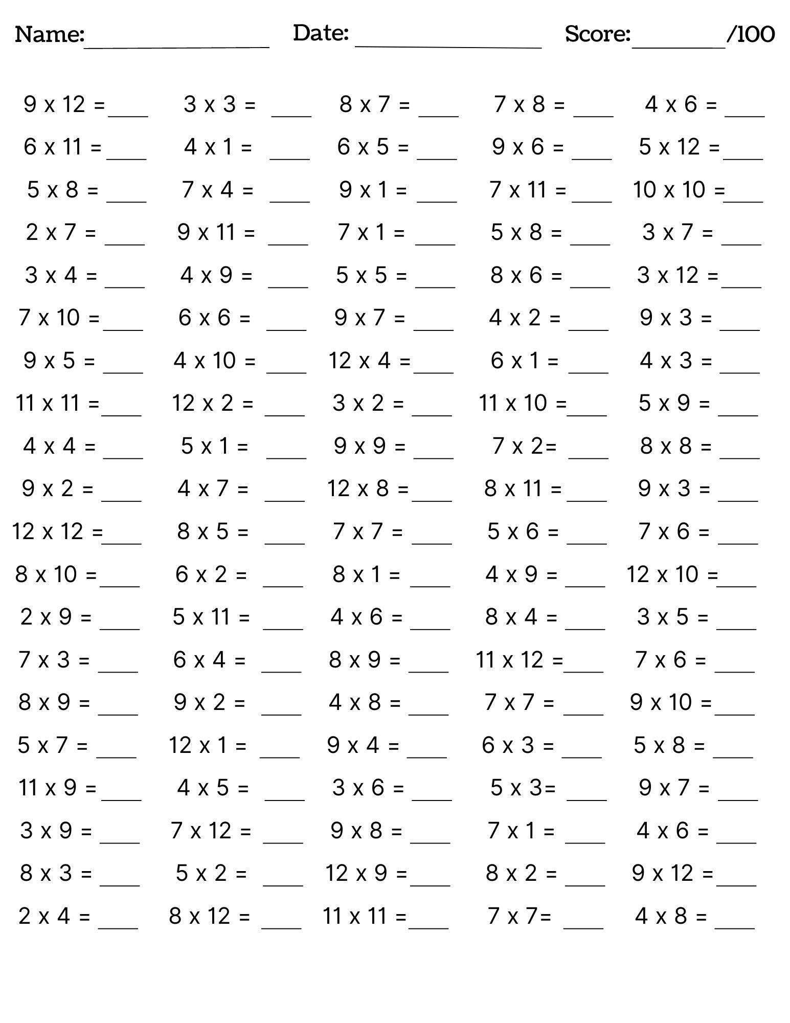10 Printable Multiplication Worksheets Fill In The Blanks