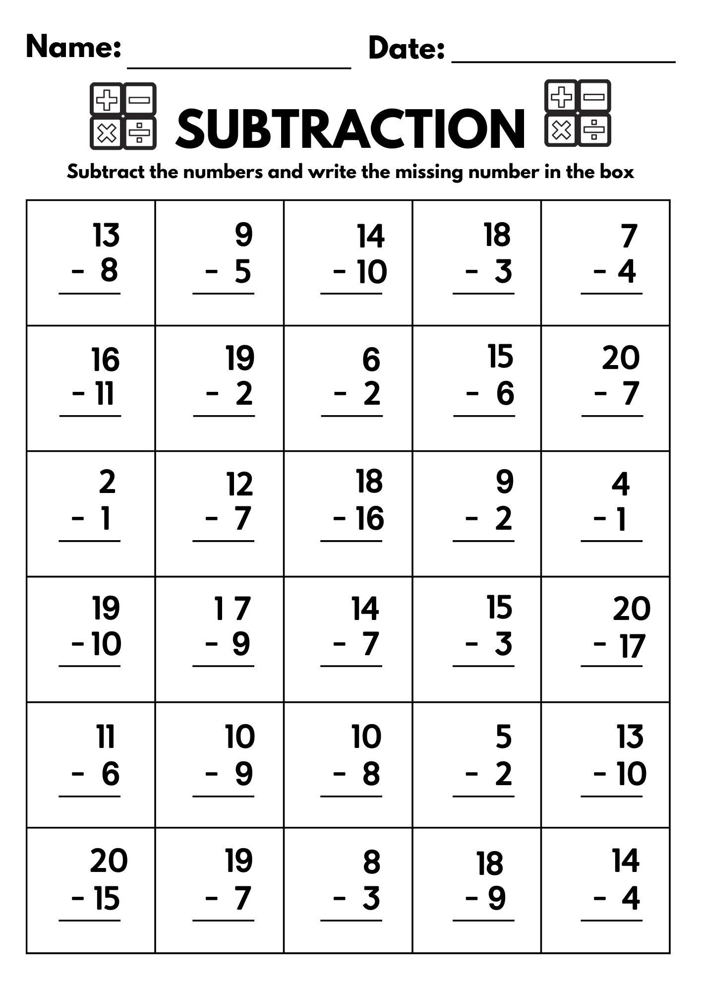 10 Printable Subtraction Fill In The Blanks Worksheets numbers 1 20 For Kindergarten 1st Grade 2nd Grade Math Subtraction Worksheets Etsy UK