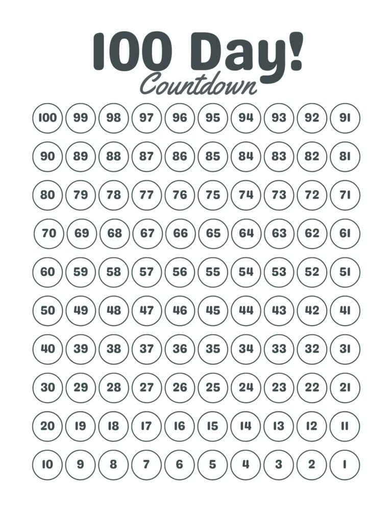 100 Day Countdown Calendar Printable FREE PDF