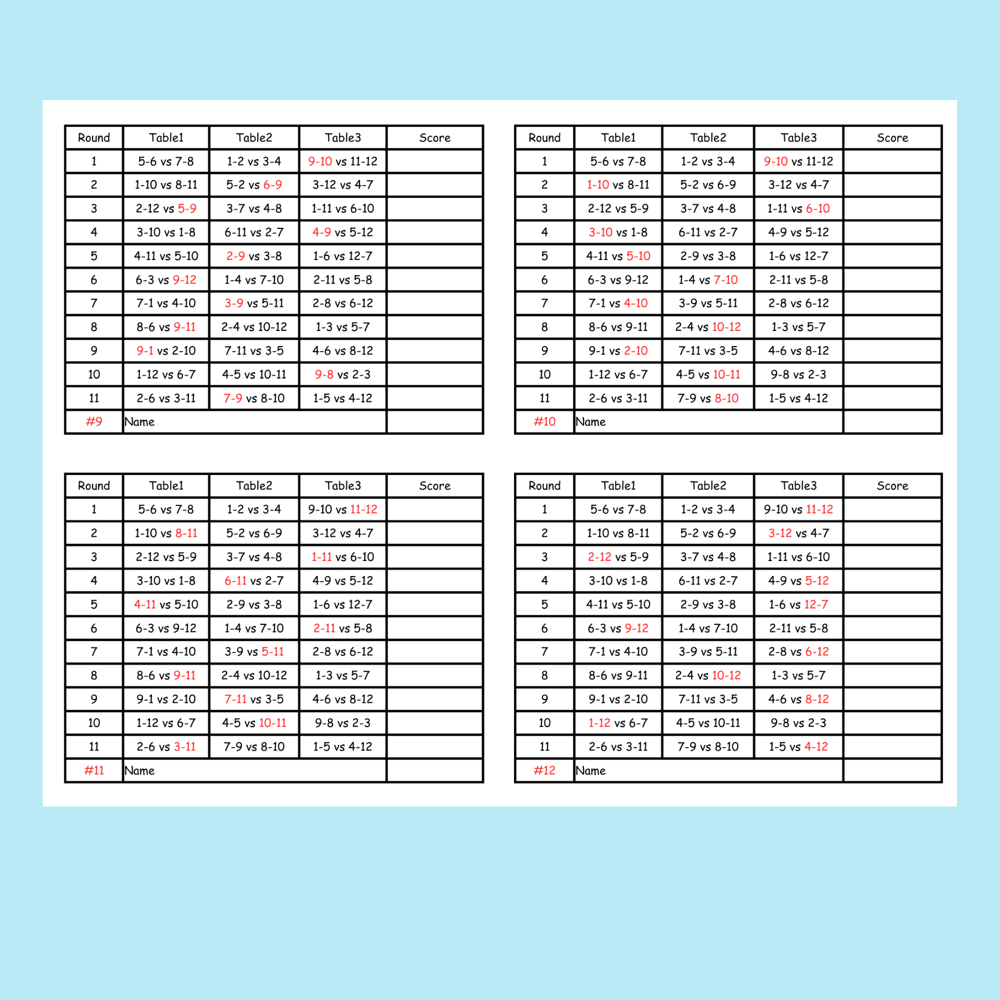12 Person Euchre Tournament Rotation 3 Table Score Card 12 Person Euchre Tournament Rotation 3 Table Score Card