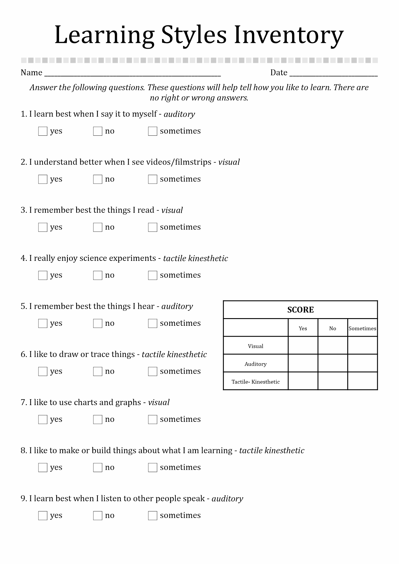 13 Learning Styles Inventory Worksheet Free PDF At Worksheeto 13 Learning Styles Inventory Worksheet Free PDF At Worksheeto