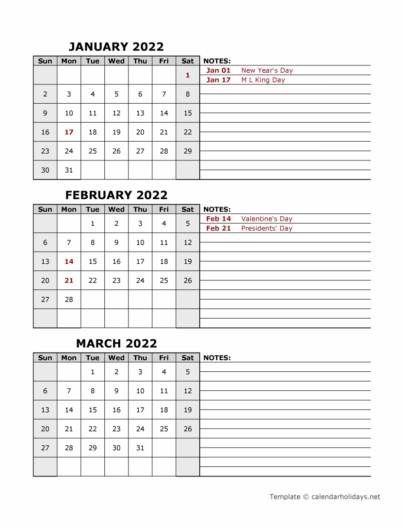 2022 Quarterly Template CalendarHolidays