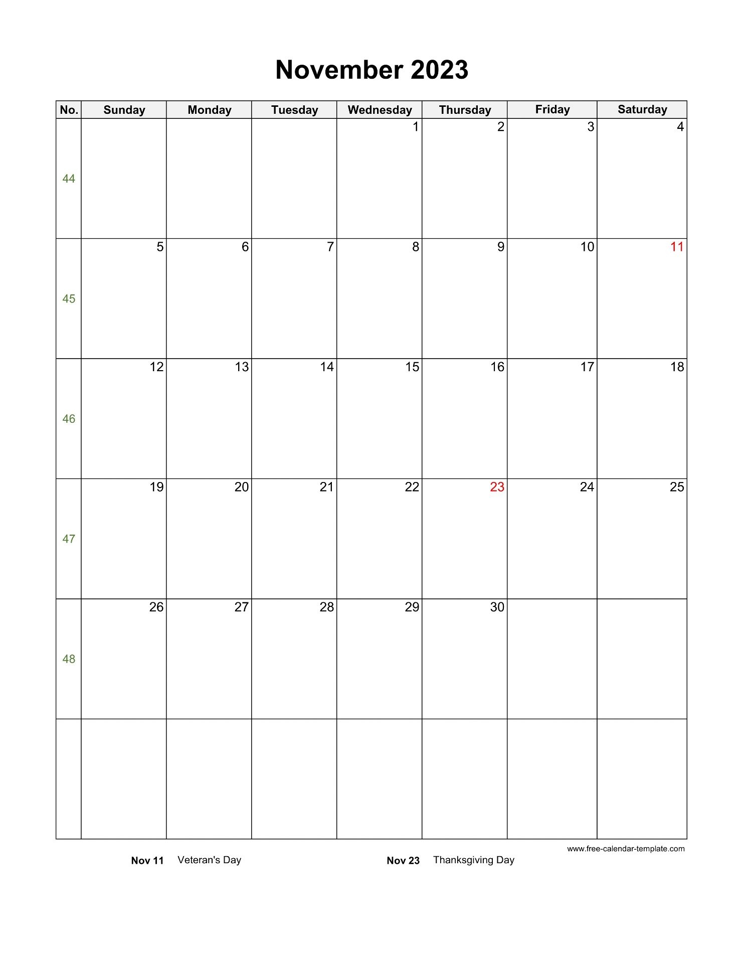 2023 November Calendar Blank Vertical Template Free calendar template 
