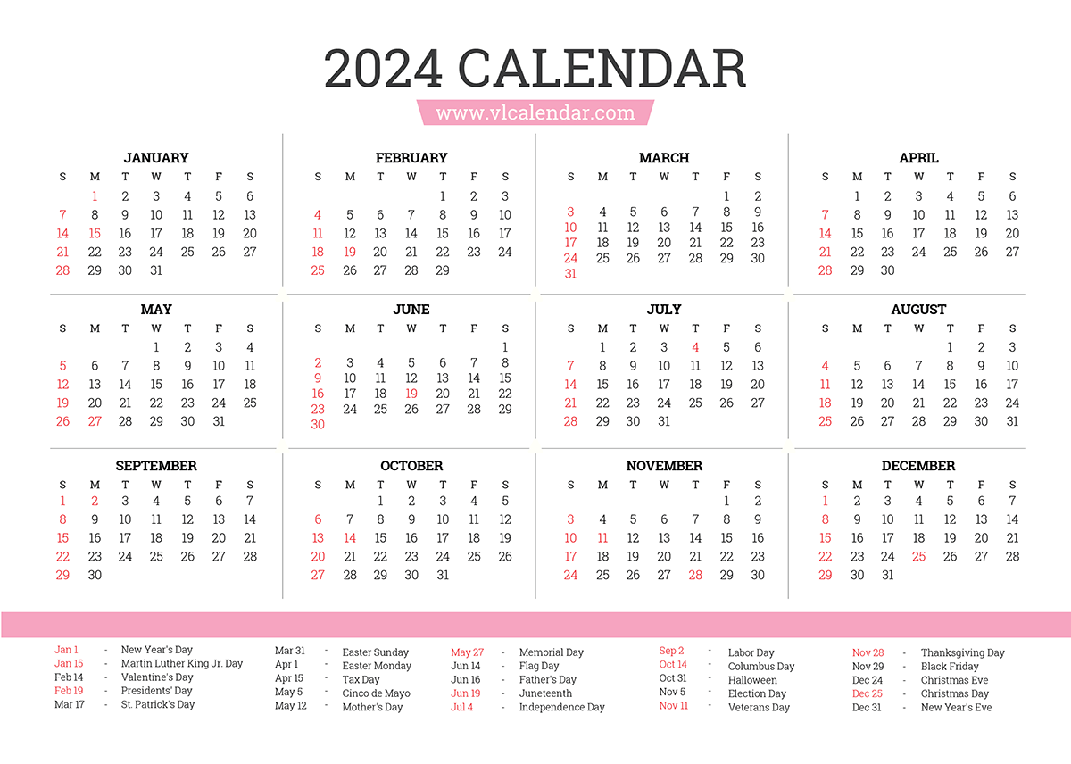 2024 Calendar Yearly Printable Calendar With Holidays