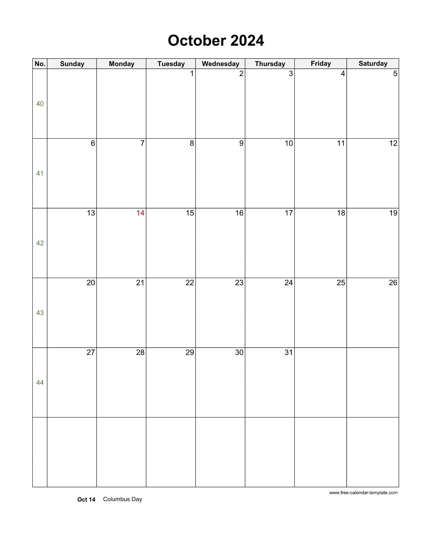 2024 October Calendar Blank Vertical Template Free calendar template