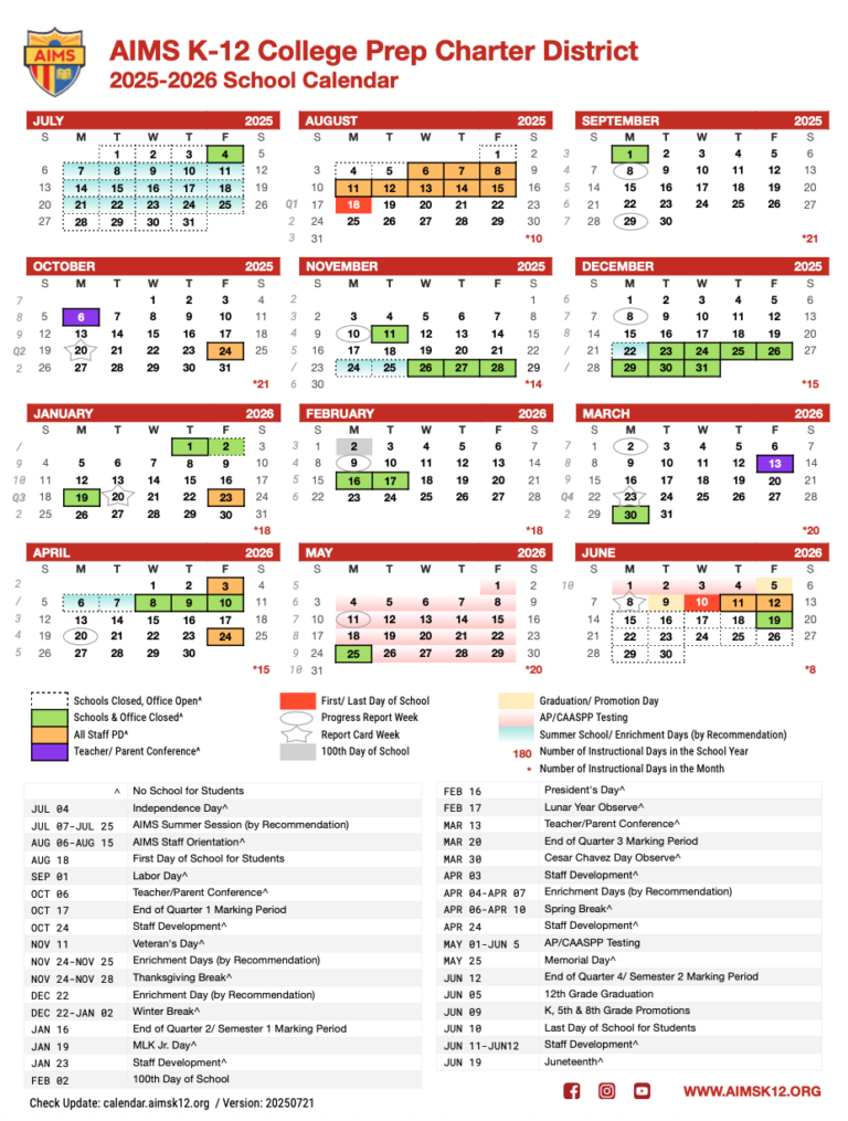 2025 2026 AIMS K 12 SCHOOL CALENDAR AIMS K 12