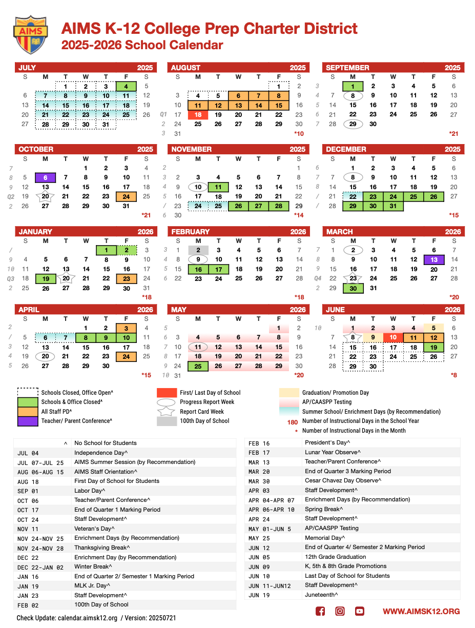 2025 2026 AIMS K 12 SCHOOL CALENDAR AIMS K 12