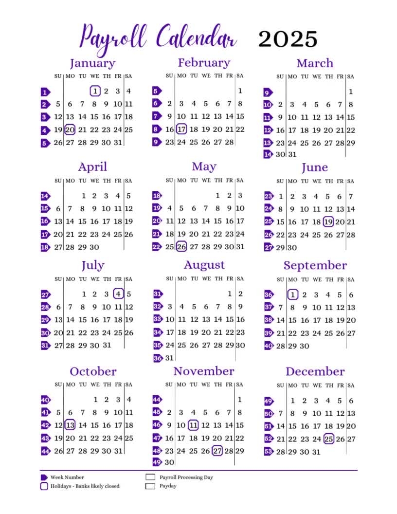 2025 Annual Printable Payroll Calendar Download Yearly Payroll Calendar With Holidays Week Numbers Sun sat Pay Periods Working Days Etsy