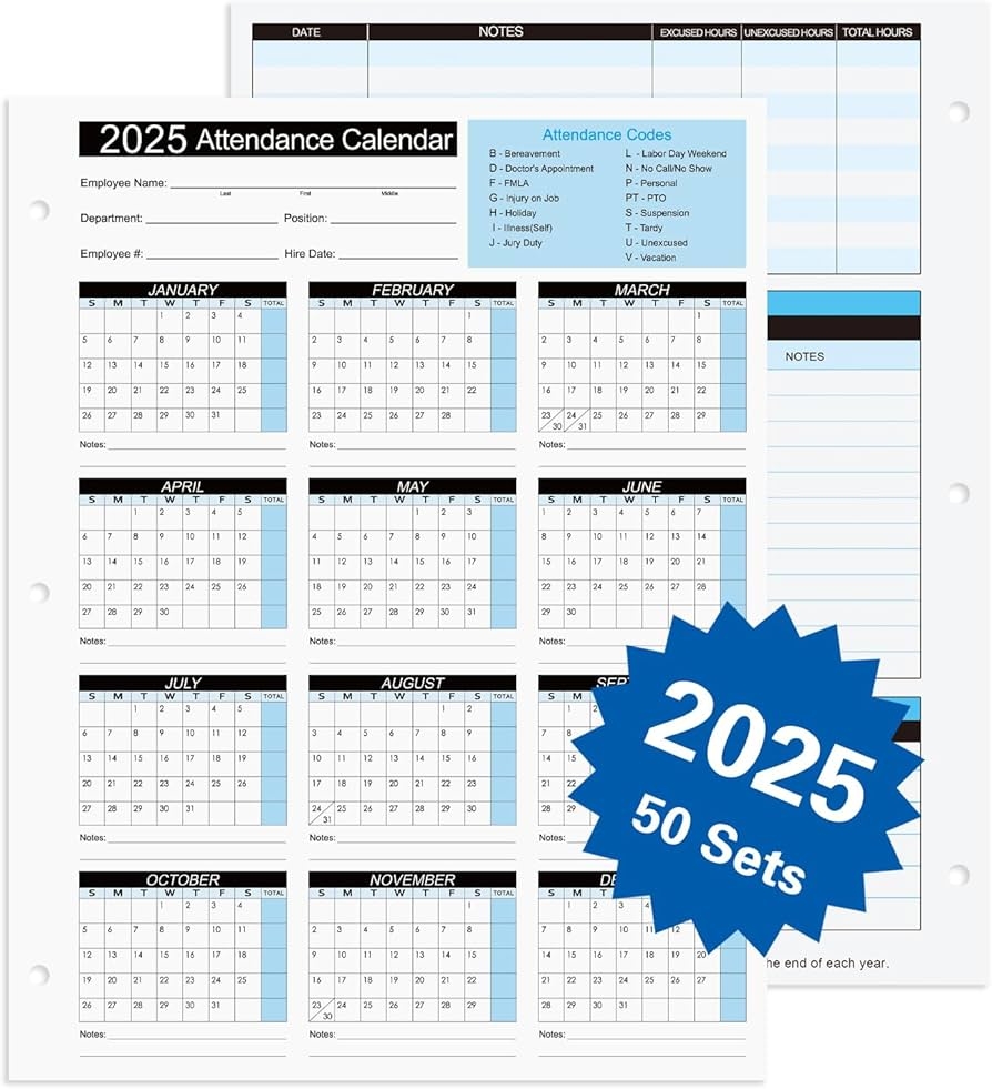 2025 Attendance Calendar Work Tracker Attendance Calendar Cards 8 5 X 11 Cardstock Pack Of 50 Sheets