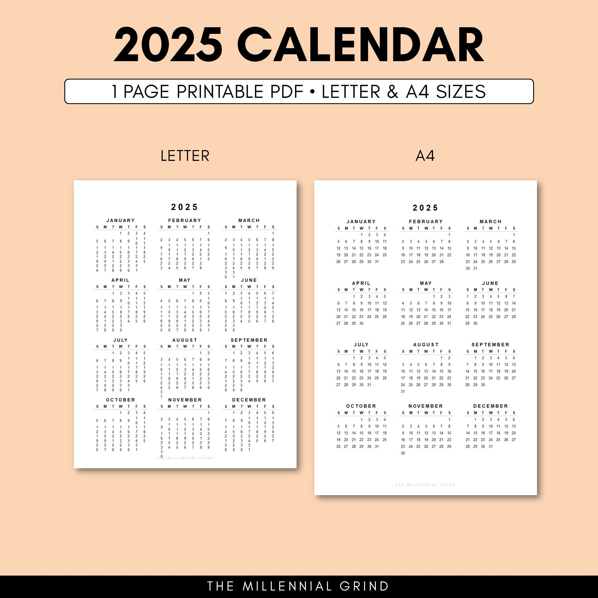 2025 Calendar Printable 2025 Calendar Template 2025 Calendar 2025 Calendar Digital 2025 Yearly Calendar 2025 Calendar A4 Letter Etsy