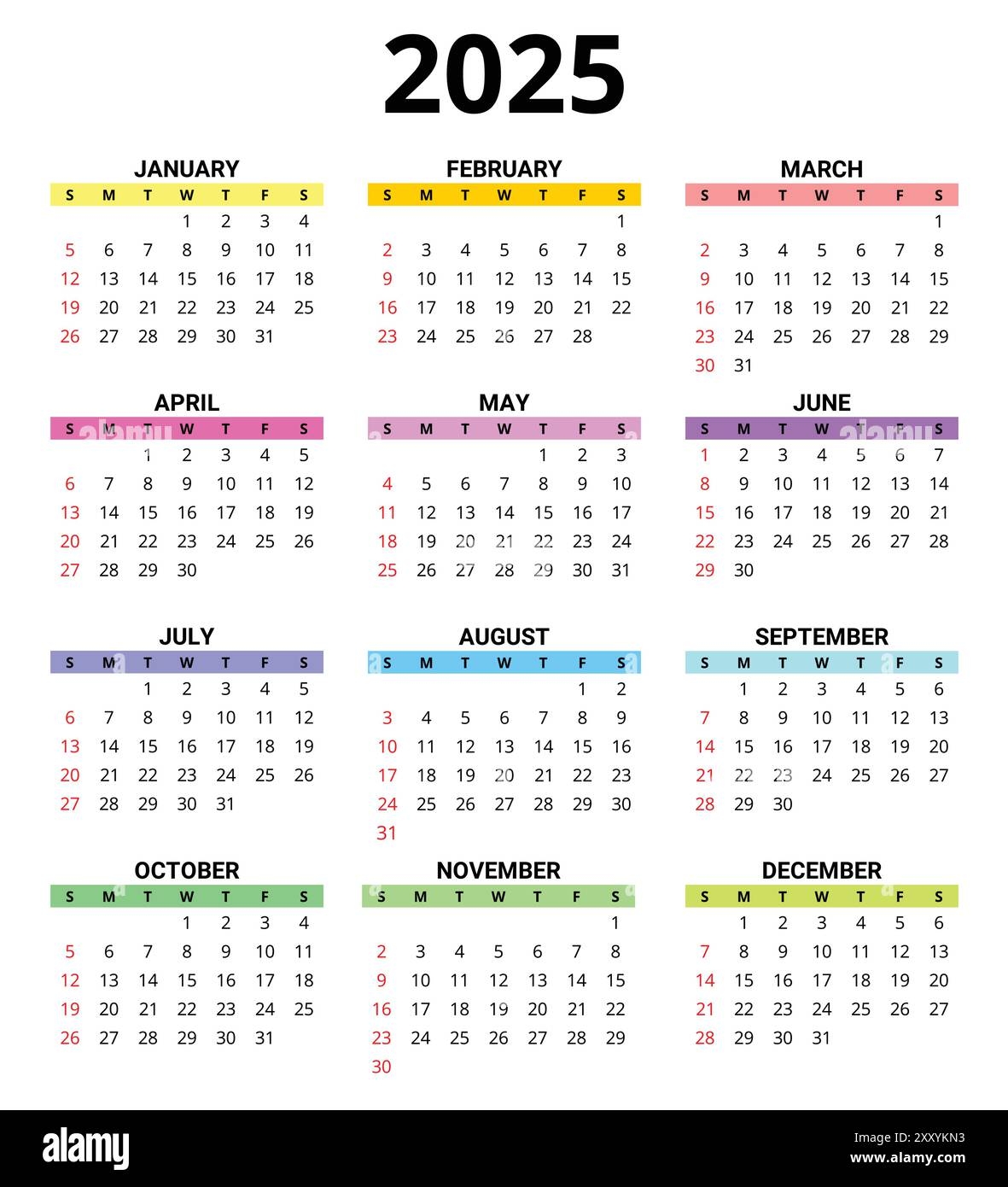 2025 Month Printable Color Calendar Modern Vector Template Illustration Plan Your Year With Style Stock Vector Image Art Alamy