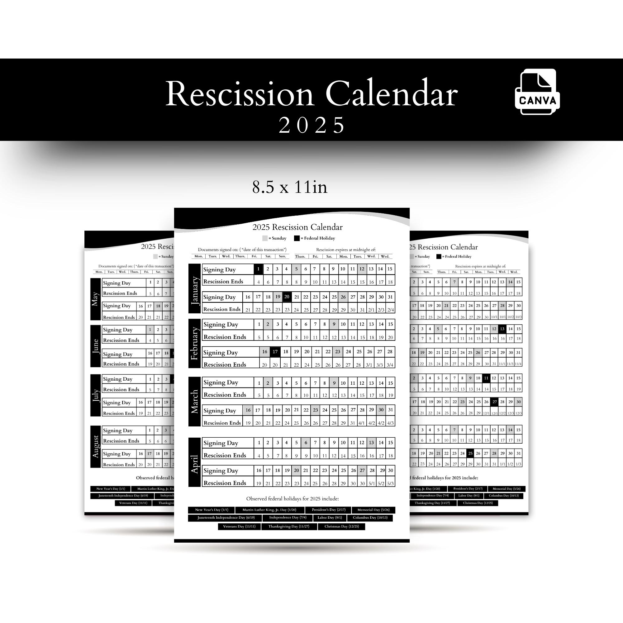 2025 Rescission Calendar Notary Loan Signing Agent Tool digital Download Etsy