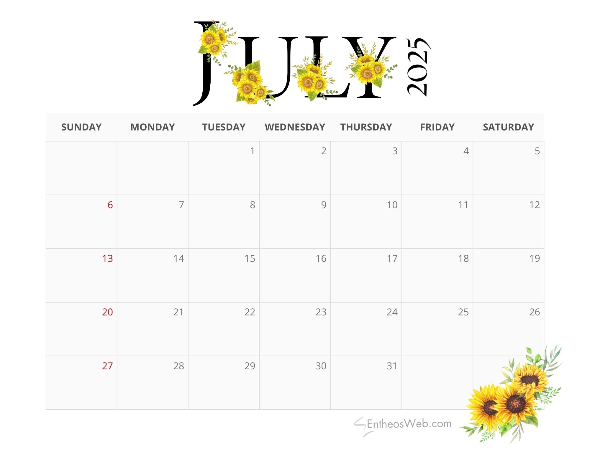2025 Sunflowers Calendar Printable EntheosWeb