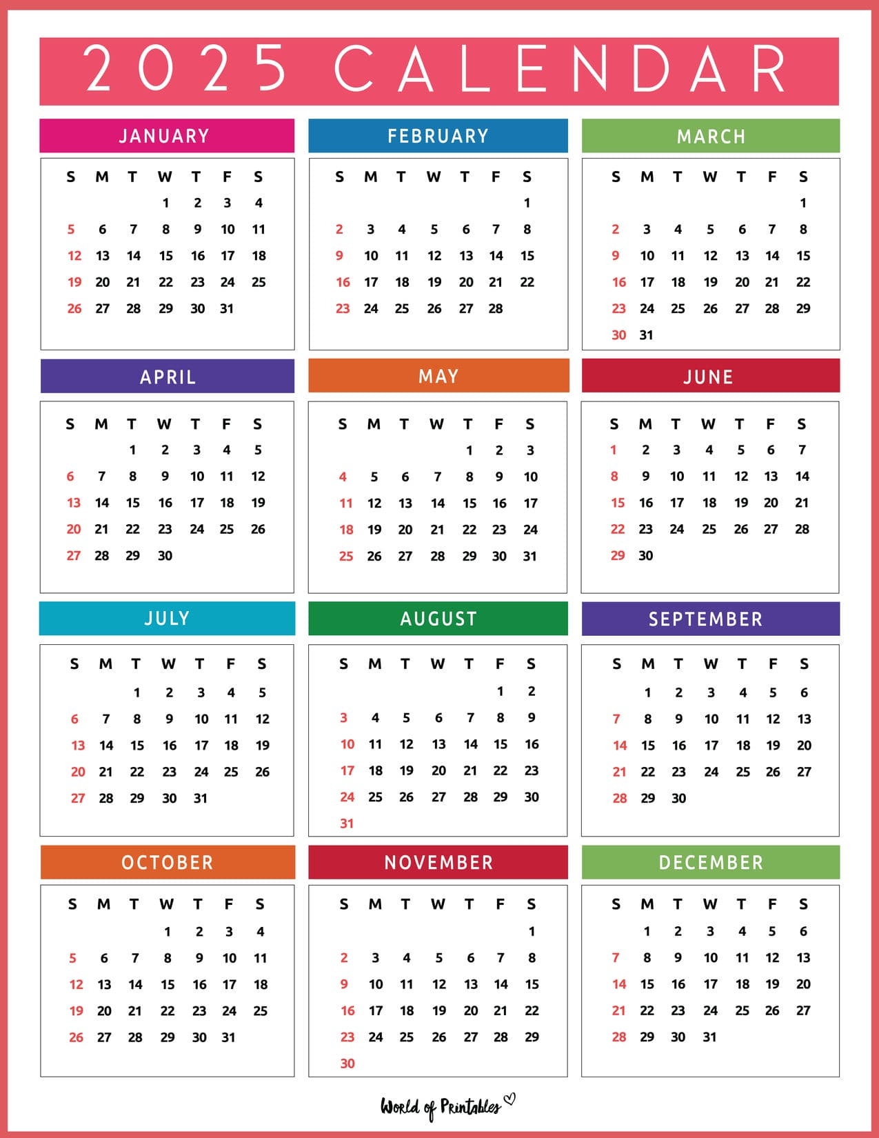 20025 Calendar Printable