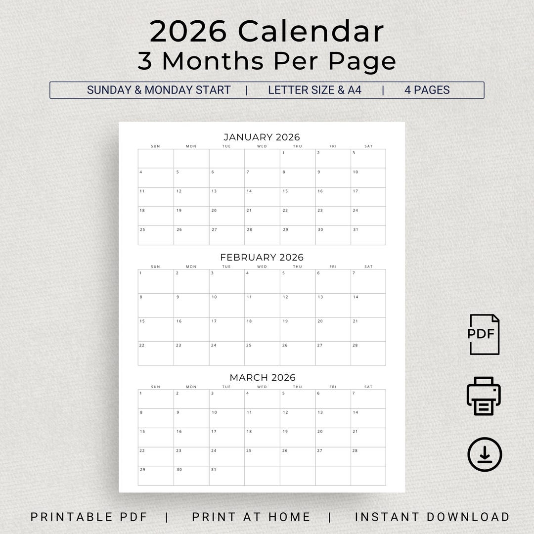 2026 Calendar 2026 3 Months Per Page Calendar Monthly Calendar Planner Printable Quarterly Office Planner 2026 Desk Planner Wall Calendar Etsy
