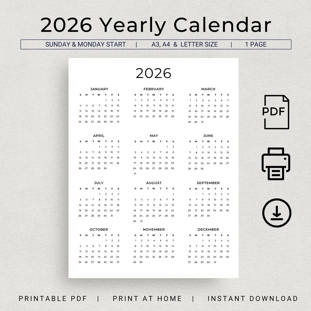 2026 Calendar 2026 Yearly Calendar Printable 2026 Wall Calendar 2026 Year At A Glance Minimalist Calendar A3 A4 Letter Monday Sunday Start Etsy Denmark