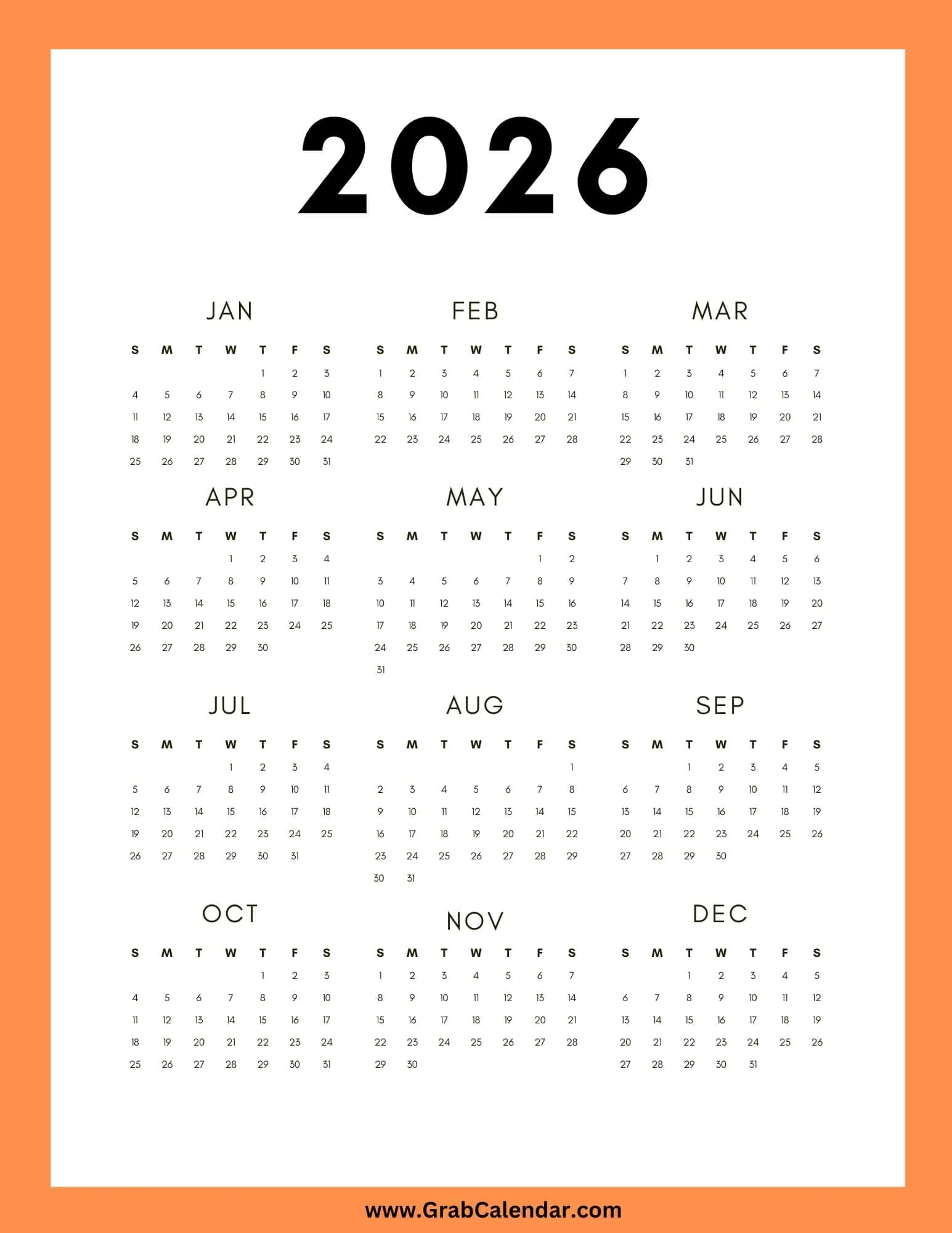 4 Month Calendar Printable 2026