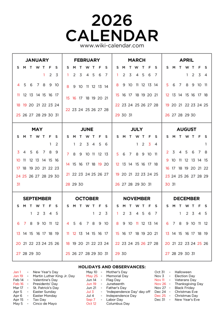2026 Calendar Printable Free PDF With Holidays