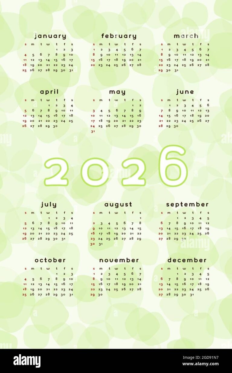 2026 Calendar Template Vertical Format Lime Green Abstract Background With Hand Drawn Spot Blob Blot Calendar Design For Print And Digital Week Sta Stock Vector Image Art Alamy