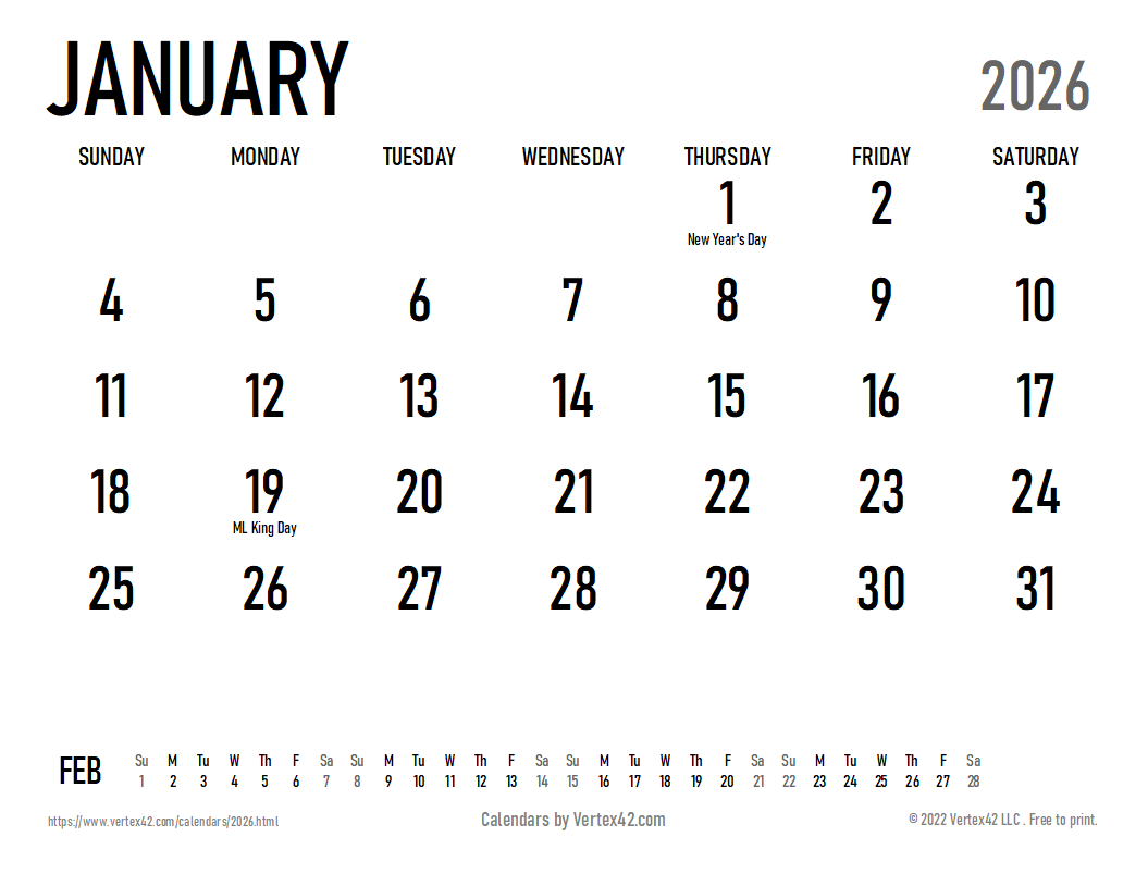 2026 Calendar Month Printable