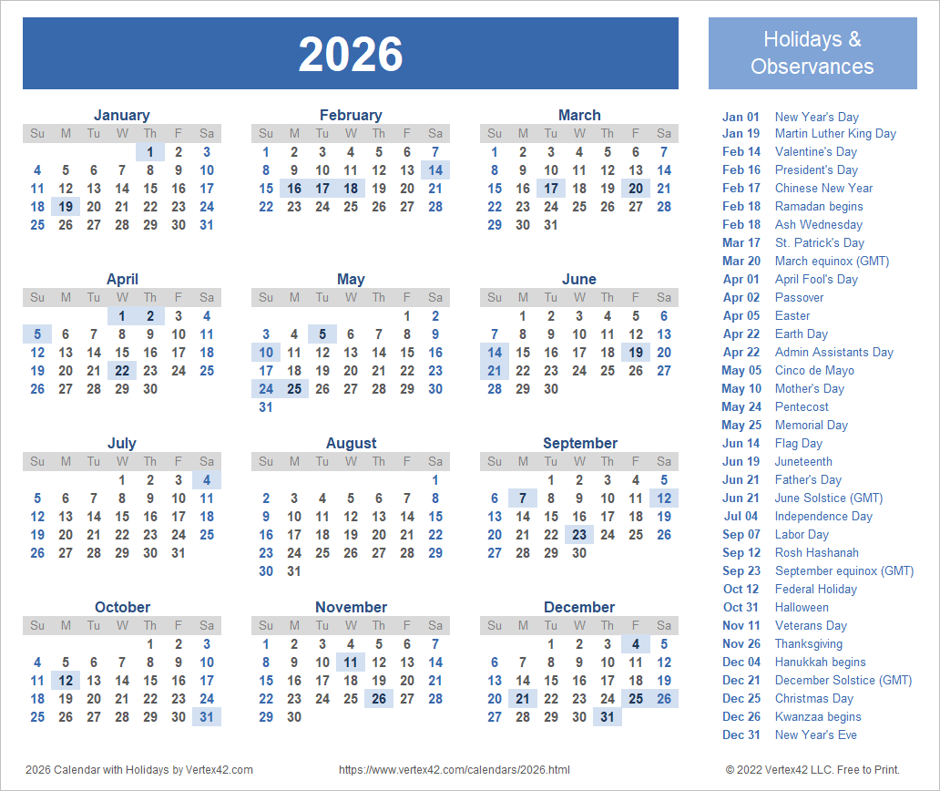 2026 Color Calendar Printable
