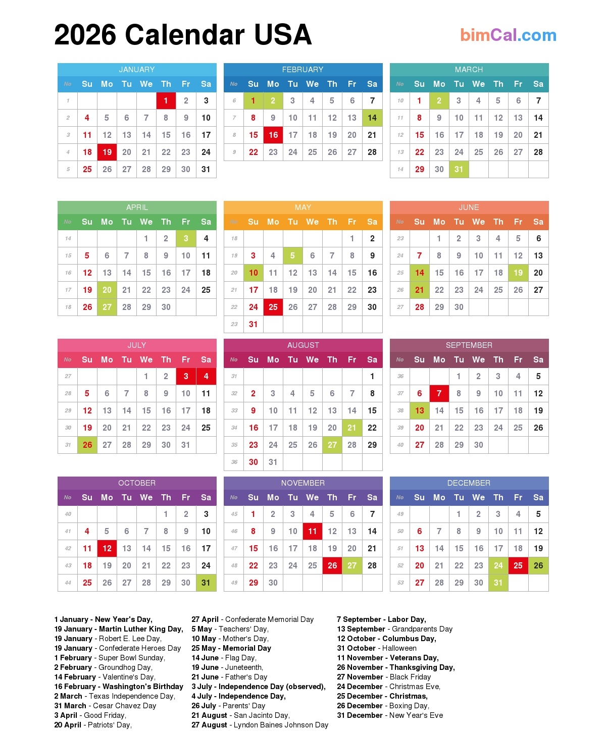 2026 Calendar Printable With Us Holidays