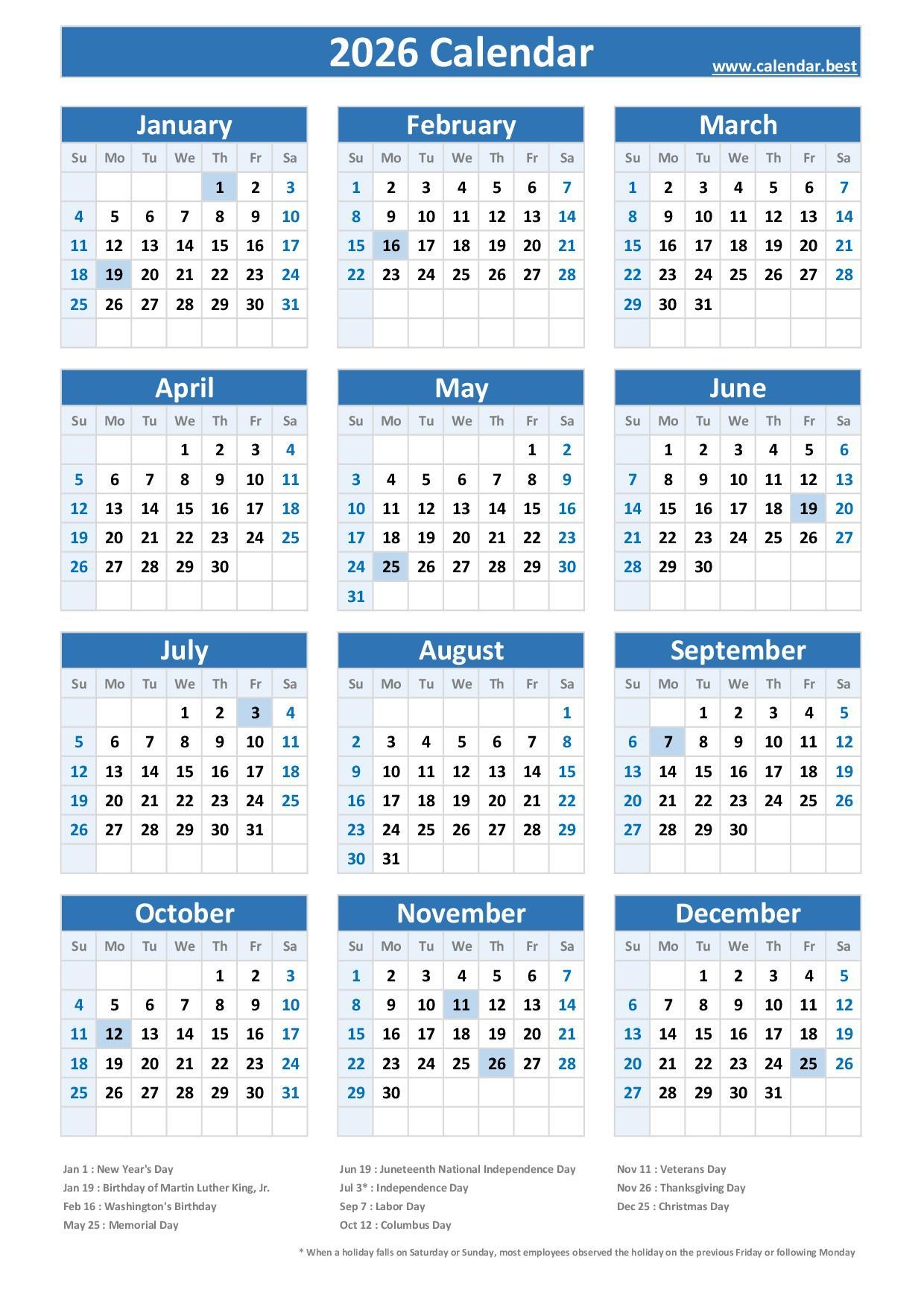 2026 Calendar Holidays Printable