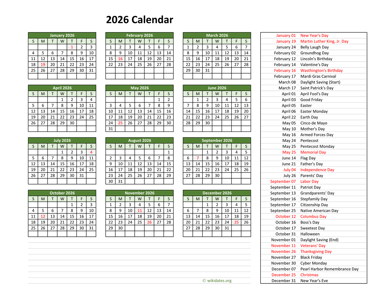 2026 Calendar With US Holidays WikiDates
